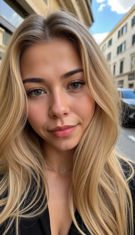 beautiful woman, young 25 years old, long blond hair, extremely detailed skin texture, sharp eyebrows, eyes creportrait of woman, detailed face, fair skin, soft expression, she is smiling sweetly, She is in a very elegant posture, inspiring femininity, 25 ...