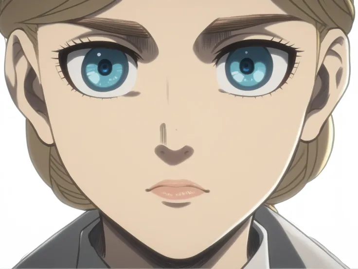 ((Historia Reiss)), nude, small and slim body, blonde, clased mouth, ((blue eyes)), (4K lips), nose, nostrils, ear, detailed hair, detailed body, chest, (very small breasts), nipples, abdomen, (anime 2D style), (((Attack on Titan anime style))), (high qual...