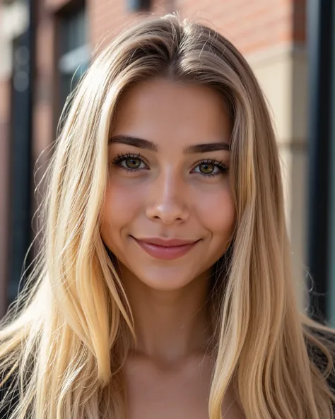 beautiful woman, young 25 years old, long blond hair, extremely detailed skin texture, sharp eyebrows, eyes creportrait of woman, detailed face, fair skin, soft expression, she is smiling sweetly, She is in a very elegant posture, inspiring femininity, 25 ...