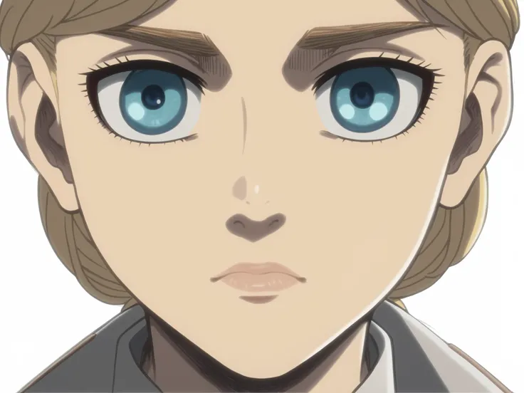 ((Historia Reiss)), nude, small and slim body, blonde, clased mouth, ((blue eyes)), nose, nostrils, ear, detailed hair, detailed body, chest, (very small breasts), nipples, abdomen, (anime 2D style), (((Attack on Titan anime style))), (high quality), ((det...