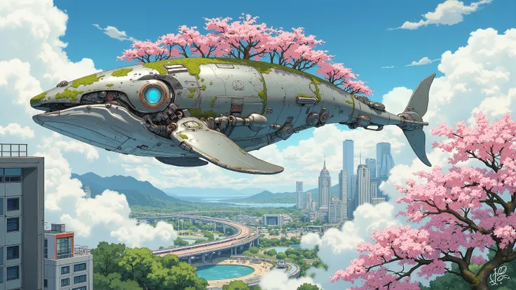 (masterpiece:1.3, top quality:1.3, detailed description:1.3, high quality:1.3),(1huge Robot whale\Metal body, trees of cherry blossom on the whale's back, Beautiful luster, beautiful metal details, precision machinery, moss growing, There are buildings and...