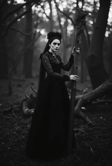 Ultra-realistic cinematic portrait, 8K, Unreal Engine 5 photorealism — A pale-skinned woman with heterochromatic eyes (amber and steel-blue) stands in a shadow-drenched, primordial forest at twilight, performing a cryptic ritual. She holds a torch whose fl...