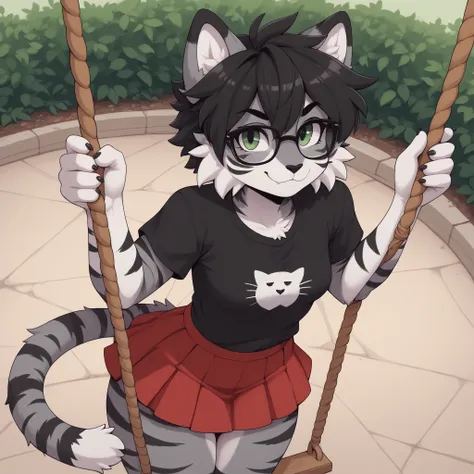 (Masterpiece) (High Detail) (High Res) A view from above A short, slim, curvy and cute fluffy black cat furry with Black and Dark Grey fur with black tiger stripes and white tummy fur and green eyes and a curvy effeminate shape and black spikey emo hair an...