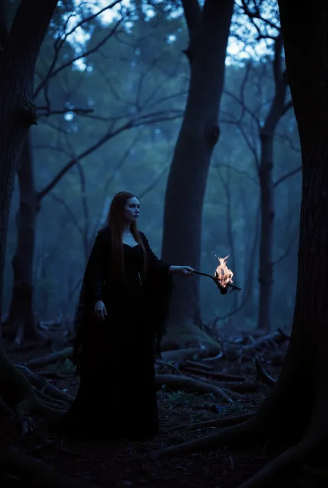 Ultra-realistic cinematic portrait, 8K, Unreal Engine 5 photorealism — A pale-skinned woman with heterochromatic eyes (amber and steel-blue) stands in a shadow-drenched, primordial forest at twilight, performing a cryptic ritual. She holds a torch whose fl...