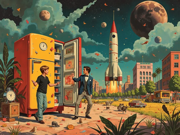 "Retro collage chaos (surreal uprising:1.5), showcasing a vibrant and chaotic mash-up of vintage advertisements, surreal imagery, and illogical connections. The scene is an explosion of juxtaposed visuals: glossy mid-century ads featuring smiling families ...