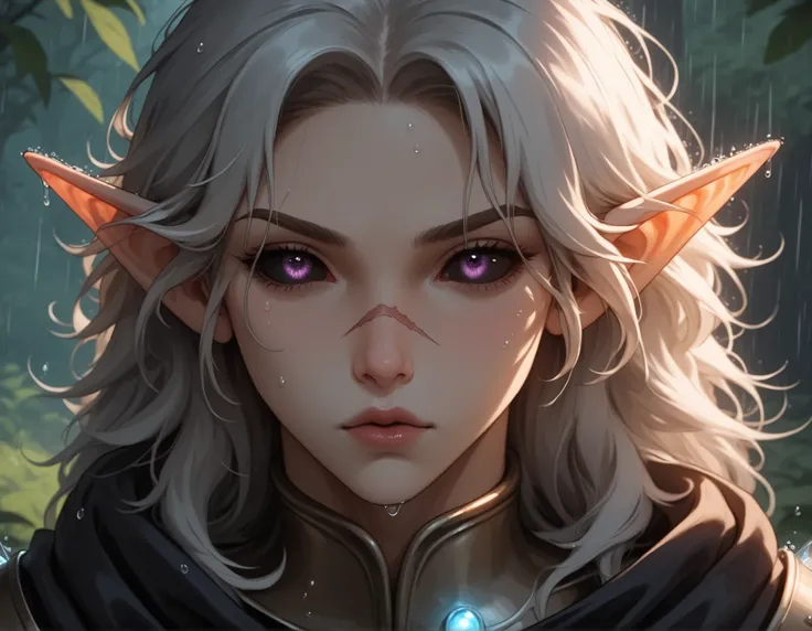 (forest), misty_background, dark_fantasy, black_feathers, purple_glow, (detailed_face:1.3), (sharp jawline), (high nose bridge:1.2), (pouty lips:1.2), full lips, soft skin, refined cheekbones, glowing_skin, arched eyebrows, visible philtrum, (cinematic lig...