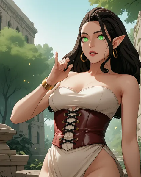 (((masterpiece, best quality, ultra-detailed, 8k))),  
1girl, (dark-skinned elf), (rich mahogany skin),   
  (thin dreadlocks), (waist-length), (gold bead accents),  
  (emerald green eyes), (glowing pupils), (long lashes),    
  (pointed ears), (sharp che...