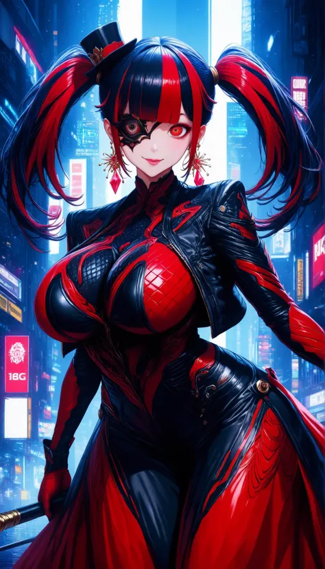 alone,cyberpunk city background, perfect figure female,European style,wearing red bio-armor,(red princess dress long hem),(((wearing a black short leather vest))), (white and red multicolored hair, double ponytail, Straight bangs),Red mini top hat, crazy...