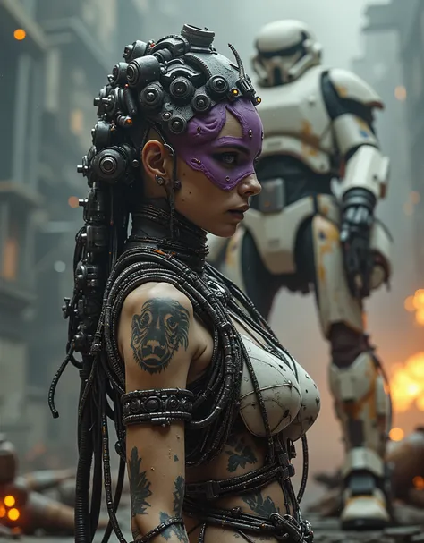 cinematographic photograph using rule of thirds and composition in planes Photo 3/ 4 takes over the entire body  , of a beautiful and very sexy young woman features of a Mexican woman with incomparable Latin beauty , top model, tattooed, Storm Trooper from...
