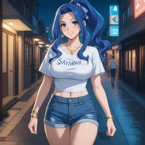 " Melty Q Melromarc , Her blue hair tied in a ponytail,  bright blue eyes , Happy open-mouthed smile. blush,  curvaceous and slender figure , big breasts y bien proporcionados. wearing a short black t-shirt with low-cut electronic design and denim shorts. ...