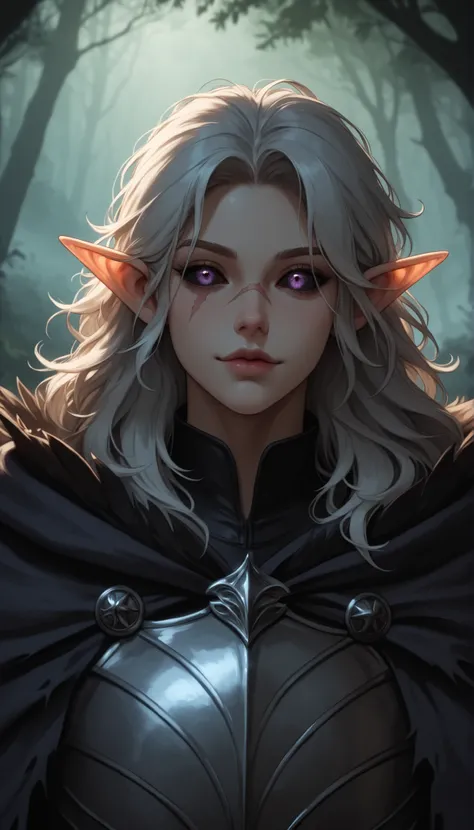 (forest), misty_background, dark_fantasy, black_feathers, purple_glow, (detailed_face:1.3), (sharp jawline), (high nose bridge:1.2), (pouty lips:1.2), full lips, soft skin, refined cheekbones, glowing_skin, arched eyebrows, visible philtrum, (cinematic lig...