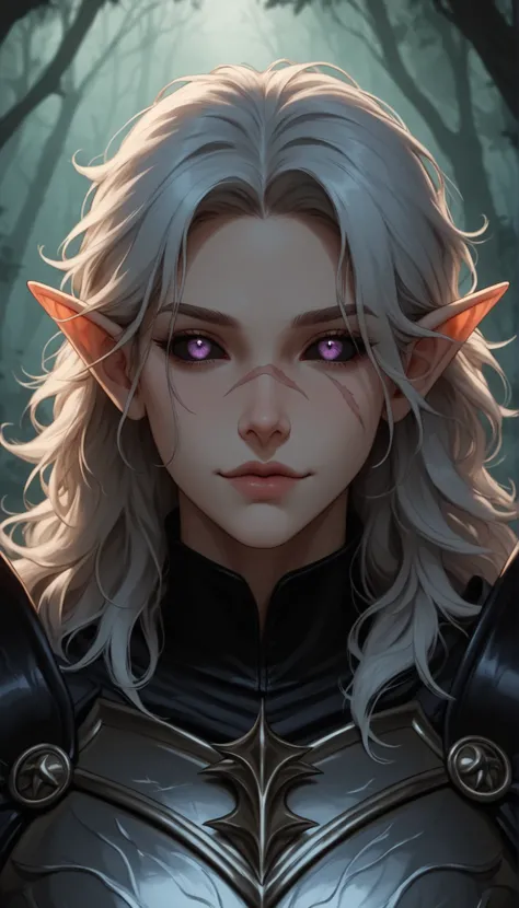 (forest), misty_background, dark_fantasy, black_feathers, purple_glow, (detailed_face:1.3), (sharp jawline), (high nose bridge:1.2), (pouty lips:1.2), full lips, soft skin, refined cheekbones, glowing_skin, arched eyebrows, visible philtrum, (cinematic lig...