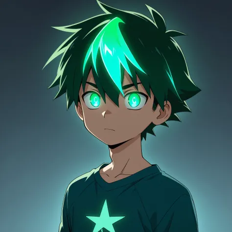 anime boy, handsome, blue-green glowing hair, High Resolution, blue-green colarshirt, glowing eyes, 4k Resolution, HD quality, solo
