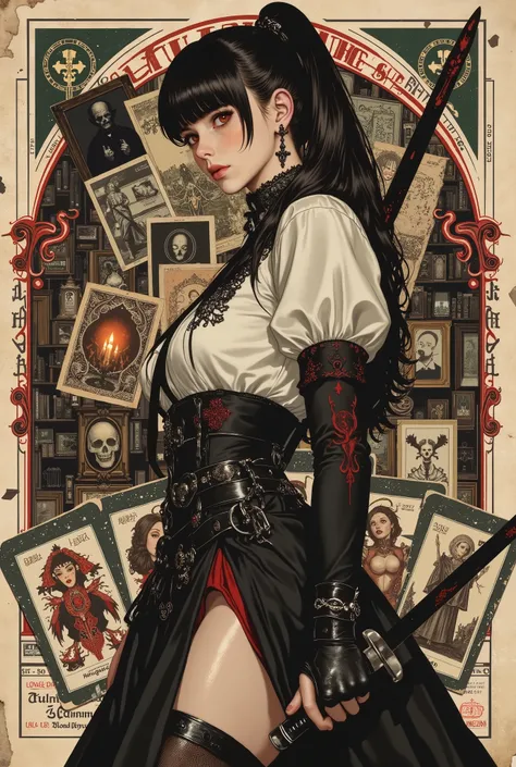 Vintage collage art, magazine cutout style, gothic horror aesthetic. 1girl,Sleeveless blouse, ponytail. Beautiful thighs. Skirt. Fingerless gloves. Gothic style.egmid,anime,female warrior. Women holding slender swords.. Combat stance. Raising one knee.
A ...