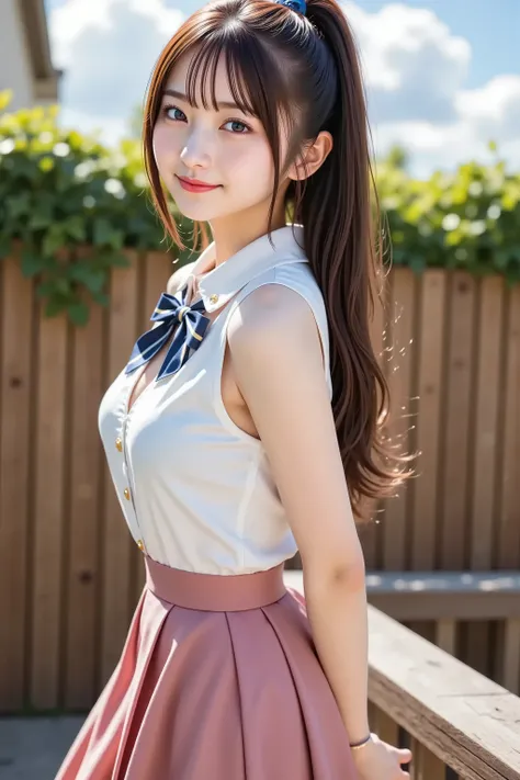 sakura, firm breasts, ultra-high-definition 8K of a cheerful young girl standing outside on a sunny day, fully framed so that her entire head and body fit comfortably within the image boundaries without any cropping. She has long, silky chestnut brown hair...