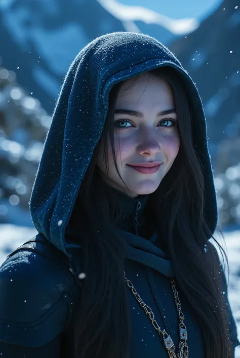 (ultra Realistic) , (illustration), (Enhance resolution), (8k), ( Extremely Detailed), ( detailed face ), Slim Body, in the dark , deep shadow, low profile, pureerosfaceace_v1, Happy smile, Winter, Mountain