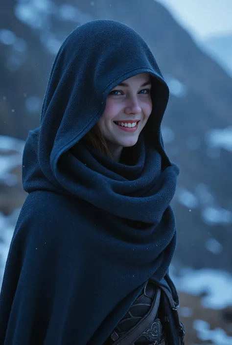 (ultra Realistic) , (illustration), (Enhance resolution), (8k), ( Extremely Detailed), ( detailed face ), Slim Body, in the dark , deep shadow, low profile, pureerosfaceace_v1, Happy smile, Winter, Mountain