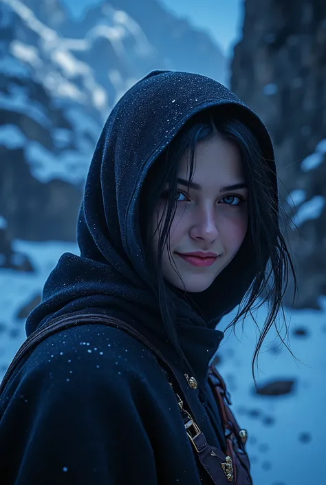 (ultra Realistic) , (illustration), (Enhance resolution), (8k), ( Extremely Detailed), ( detailed face ), Slim Body, in the dark , deep shadow, low profile, pureerosfaceace_v1, Happy smile, Winter, Mountain