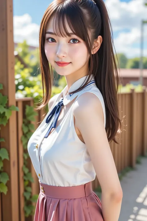 haruka, firm breast, ultra-high-definition of a cheerful young girl standing outside on a sunny day, fully framed so that her entire head and body fit comfortably within the image boundaries without any cropping. She has long, silky chestnut brown hair sty...