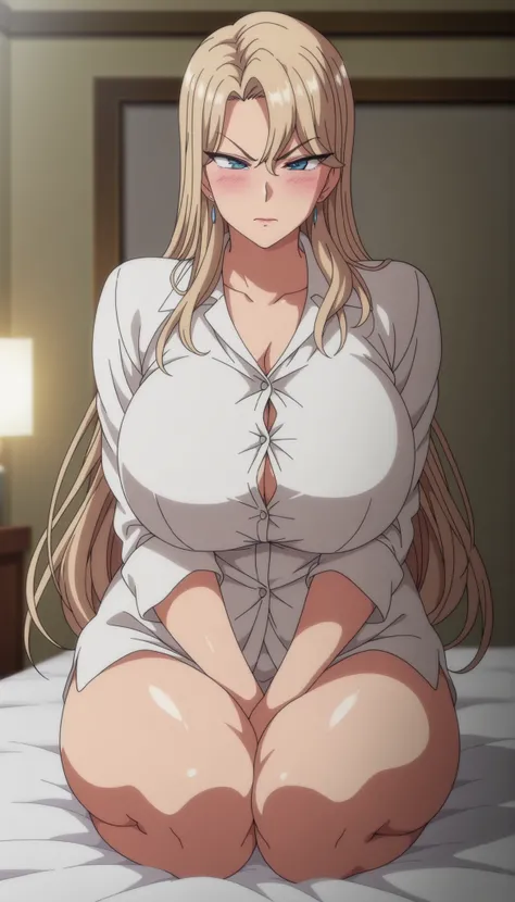 mature woman, anime coloring, thick body, mature female, masterpiece, upper bOdy, button gap, , huge breast, long hair, yellow hair, blue eyes, blush, full body, indoors, white shirt, serious face, sitting on bed, black panty, bare legs,