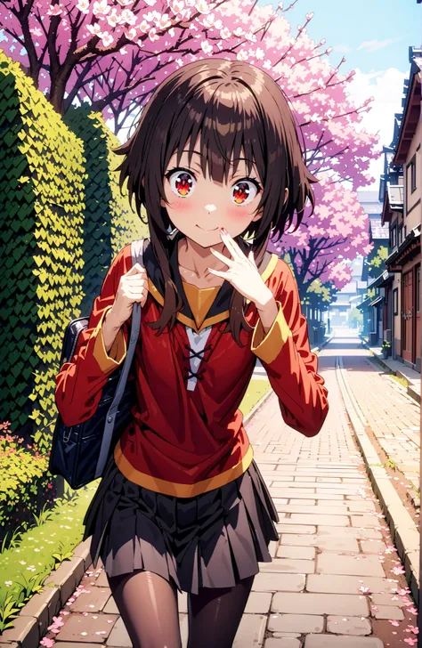 konosubaMegumin, Megumin, short hair, black hair, Red Eyes, short hair with long locks,
smile,blush,close your mouth,black sailor suit,long sleeve, black mini pleated skirt ,Black Pantyhose,loafers,Student bag 1 :1,cherry blossoms,is walking,morning,full b...