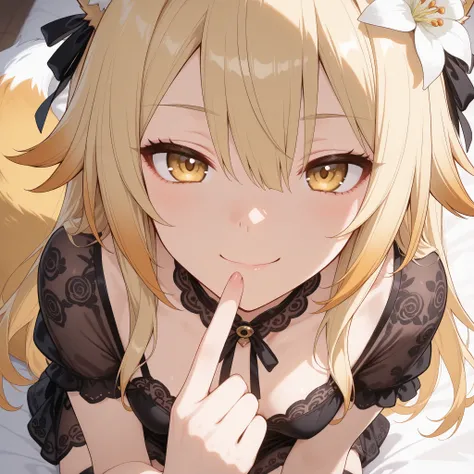 Fox girl, light-blonde, Renard, Fox tail, collar, Beautiful, Long Hair, Golden Eyes with purple shade, small breasts, garter, black lace dress, cheeky, hair ribbon, white lily on hair, alluring, close up face focus, teasing, sexy smile, profile picture, pl...