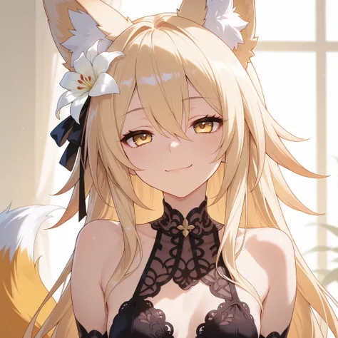 Fox girl, light-blonde, Renard, Fox tail, collar, Beautiful, Long Hair, Golden Eyes with purple shade, small breasts, garter, black lace dress, cheeky, hair ribbon, white lily on hair, alluring, close up to face, teasing, sexy smile, profile picture, good ...