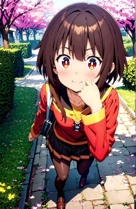 konosubaMegumin, Megumin, short hair, black hair, Red Eyes, short hair with long locks,
smile,blush,close your mouth,black sailor suit,long sleeve, black mini pleated skirt ,Black Pantyhose,loafers,Student bag 1 :1,cherry blossoms,is walking,morning,full b...