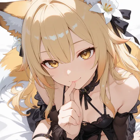 Fox girl, light-blonde, Renard, Fox tail, collar, Beautiful, Long Hair, Golden Eyes with purple shade, small breasts, garter, black lace dress, cheeky, hair ribbon, white lily on hair, alluring, close up face focus, teasing, sexy smile, profile picture, pl...