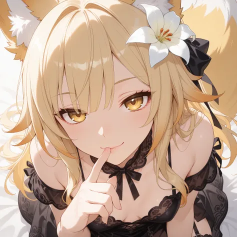 Fox girl, light-blonde, Renard, Fox tail, collar, Beautiful, Long Hair, Golden Eyes with purple shade, small breasts, garter, black lace dress, cheeky, hair ribbon, white lily on hair, alluring, close up face focus, teasing, sexy smile, profile picture, pl...