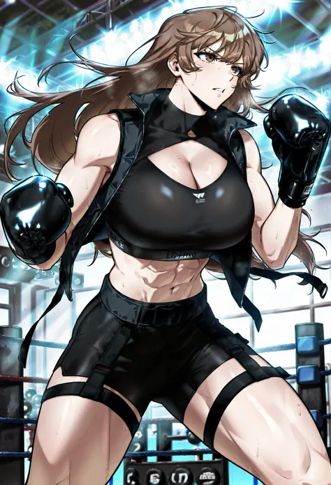 masterpiece, best quality, amazing quality, very aesthetic, absurdres, newest, scenery, 1girl, solo, huge breasts, serious, parted lips, long hair, brown hair, brown eyes, bangs, sports bra,
 Sleeveless jacket, open jacket, cleavage cutout, black gloves, b...