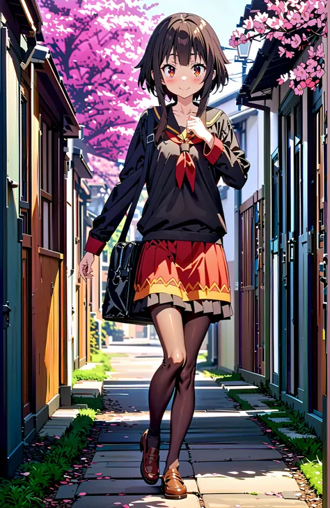 score_9, score_8_up, score_7_up, sauce_anime,konosubaMegumin, Megumin, short hair, black hair, Red Eyes, short hair with long locks,
smile,blush,close your mouth,black sailor suit,long sleeve, black mini pleated skirt ,Black Pantyhose,loafers,Student bag 1...