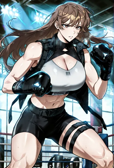 masterpiece, best quality, amazing quality, very aesthetic, absurdres, newest, scenery, 1girl, solo, huge breasts, serious, parted lips, long hair, brown hair, brown eyes, bangs, sports bra,
 Sleeveless jacket, open jacket, cleavage cutout, black gloves, b...