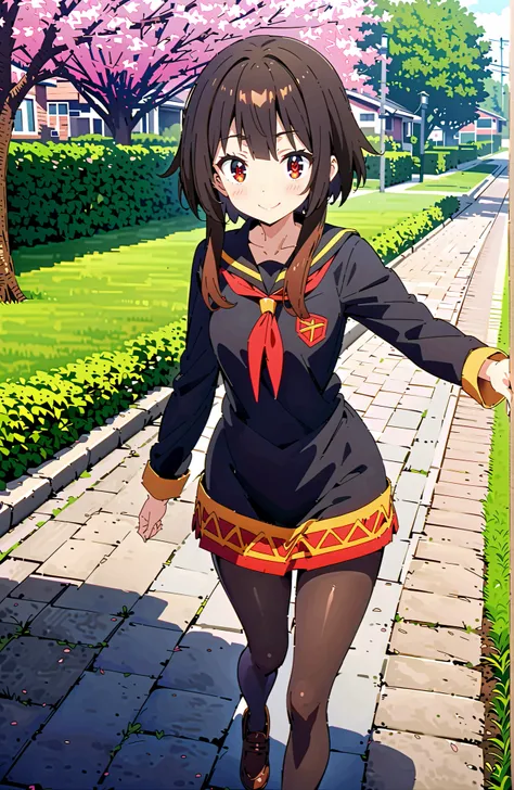 score_9, score_8_up, score_7_up, sauce_anime,konosubaMegumin, Megumin, short hair, black hair, Red Eyes, short hair with long locks,
smile,blush,close your mouth,black sailor suit,long sleeve, black mini pleated skirt ,Black Pantyhose,loafers,Student bag 1...