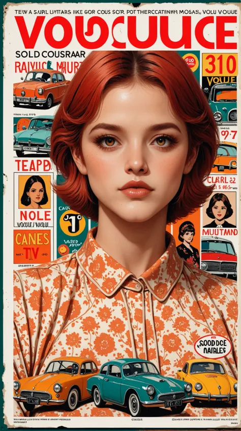 Retro magazine cover collage from the 1960s–1970s, bold typography, warm vintage colors (mustard yellow, faded red, teal), paper texture. Composition includes glamorous models, atomic-age motifs, retro technology (old TVs, radios, cars), decorative borders...