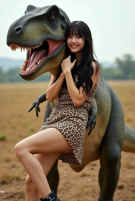 Create a realistic photograph of a beautiful Japanese female singer's portrait. She has a slender body, small bust, and thin legs, with long hair and bangs. She is wearing a prehistoric-style leopard print wedding mini dress and is being playfully held in ...