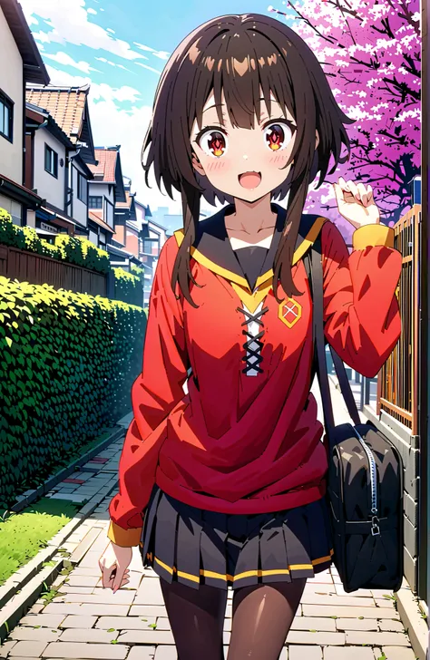 score_9, score_8_up, score_7_up, sauce_anime,konosubaMegumin,solo, Megumin, short hair, black hair, Red Eyes, short hair with long locks,
smile,blush,open your mouth,black sailor suit,long sleeve, black mini pleated skirt ,Black Pantyhose,loafers,Student b...
