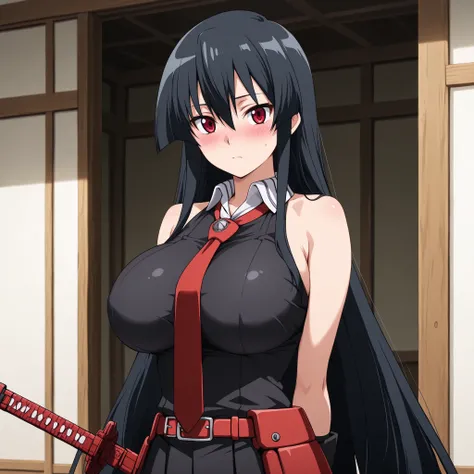 akame-illustxl, 1girl, long hair, black hair, red eyes, gloves, necktie, katana, very long hair, sleeveless, skirt, belt, dress, arms behind back:1.4), breast, ((cute breast)), ((round breast)) (blush), 8k masterpiece, (((1girl, solo))) adult, mature, +18