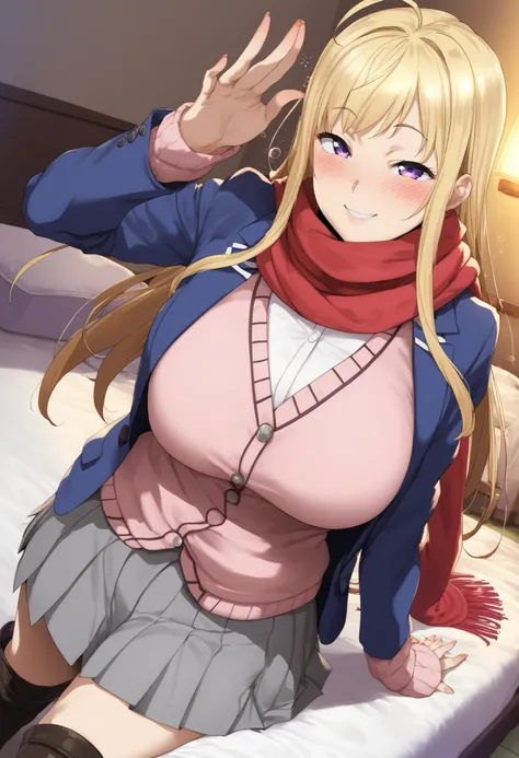 ((big breasts)), score_9, score_8_up, score_7_up, source_anime,minamifuyuki, minami fuyuki, long hair, blonde hair, purple eyes, ahoge, sidelocks, smile,
skirt, school uniform, jacket, pleated skirt, boots, scarf, blazer, cardigan, blue jacket, grey skirt...