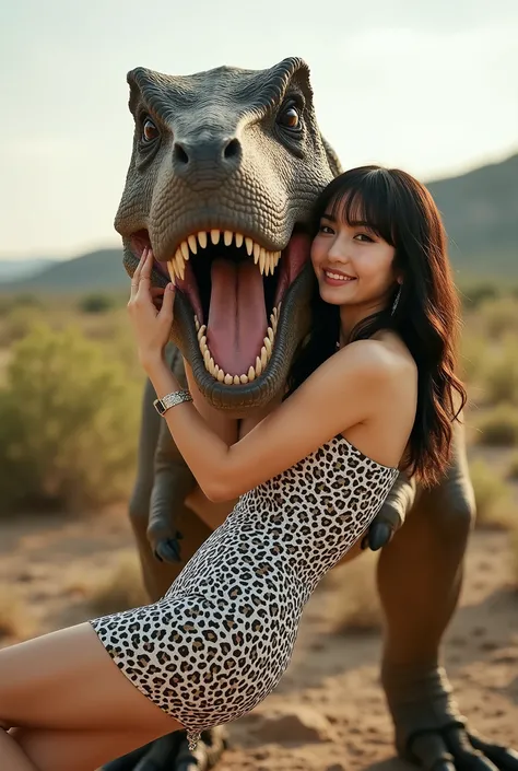 Create a realistic photograph of a beautiful Japanese female singer's portrait. She has a slender body, small bust, and thin legs, with long hair and bangs. She is wearing a prehistoric-style leopard print wedding mini dress and is being playfully held in ...