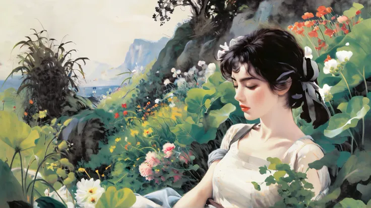 digital brushwork, Depth and charm,
fluorescent skyline , neon cityscape on background,
1939,  painting of a woman in a meadow of flowers between clovers,  Korean girl in her 20s, dress,  black hair, romantic illustration, high res, hidden object photo,  O...