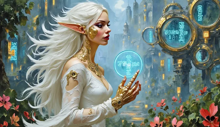 digital paint, surreal fantasy, scifi, watercolor, A view of a futuristic city inhabited by elves, some of them with cyber prostheses, in detail a futuristic elven city with magnificent glass buildings with golden details, The city is wooded and there are ...