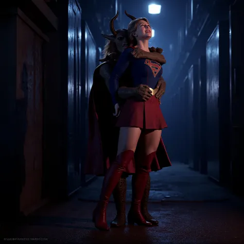 Melissa Benoist as Supergirl, (a very short skirt), both arms behind her back, wearing a Supergirl costume, blue shirt and red skirt, (upskirt0, red high boots, she is sexual assaulted from behind by a devil, embarrassment, ((painful face)), (Supergirl is ...