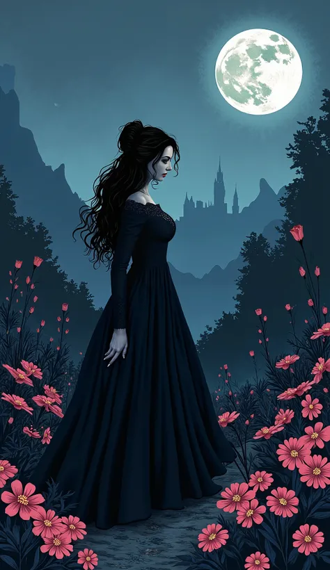 (masterpiece),(best quality), illustration, (fantasy:1.4), black witch, macabro, pesado, depressivo, detailed digital art, beautiful mestice face, dark black hair, hair up, castle distante in backgraoundo, mountain, dark color long dress, a moon, flowers ,...
