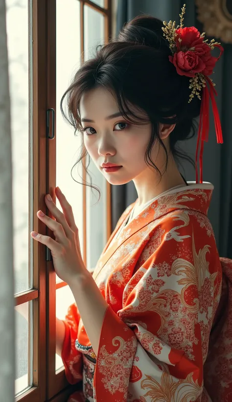 highdefinition images、Katsushika Hokusai manga(pretty eyes、Look at every detail、multi colored hair)、 kimono that looks like a yukata 、Woman looking out of a window、葛飾北斎スタイルで火のように見える highdefinition images、Kimono beauty、顔のdetails、highest quality ukiyo-e、det...