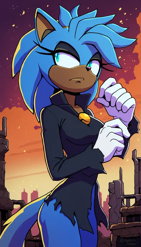absurdres, half closed eyelids, looking away from viewer, cowboy shot, (Mobian), (cat), Mobian cat, sonic oc, Sonic the hedgehog series style, masterpiece, best quality, 1girl, anthro, furry, fur, fluffy fur, (dark blue colored fur), cat girl, Kitsune-like...