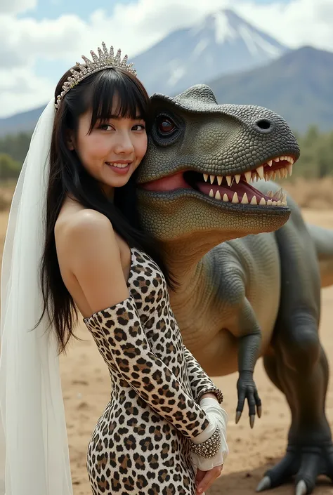 Create a portrait of a stunning Japanese female singer with a slim physique, small bust, and slender legs. She has long hair with bangs and is wearing a prehistoric-style leopard print mini wedding dress, complemented by a wedding veil and gloves. She is s...