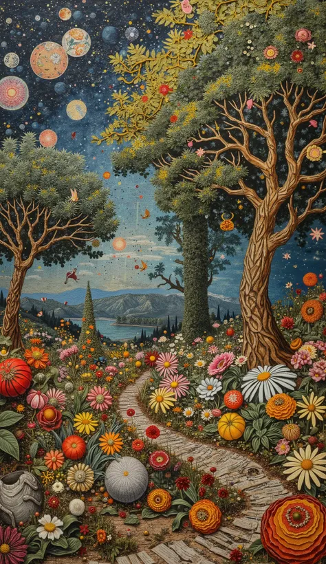Large collage of (((The Garden of Earthly Delights by Bosco))) made with newspapers, the trees are made of threads, the skies of fabrics, details of enameled metal advertising signs, collage, scraping, detailed, chaotic, insane