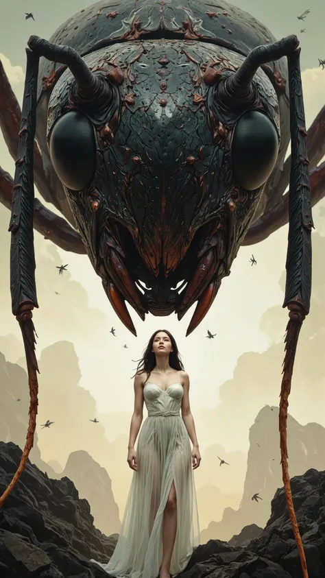 (NSFW:0.75), 1girl, Full body image of a beautiful girl、The ant's head, which is close to the miniaturized head of a beautiful girl, looks so huge、Ants are aiming to feed on beautiful girls、
