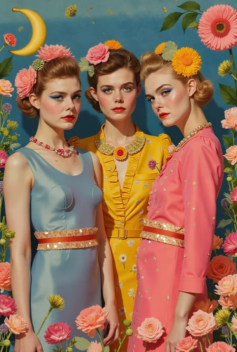 Em uma cena cinematográfica e hiper-realista, 3 characters in scene all are the same, retro collage art, spring girl sensual, Retro style, Magazine Collage, collage color newspaper mania, paper rip and paper mache